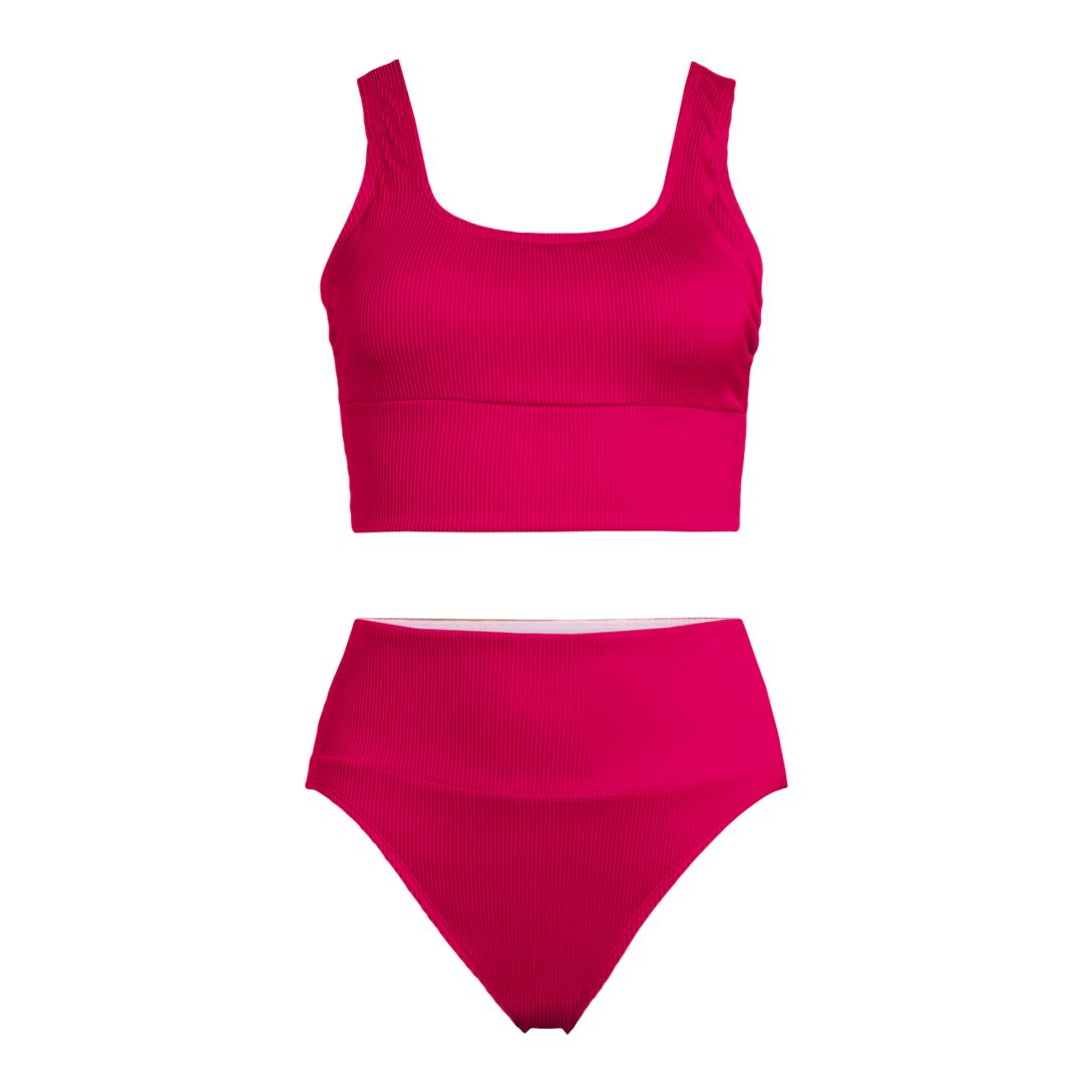 Women's Ottoman Rib Tugless Bikini Swimsuit Top and High Leg High Waisted Bottoms 2 Piece Set