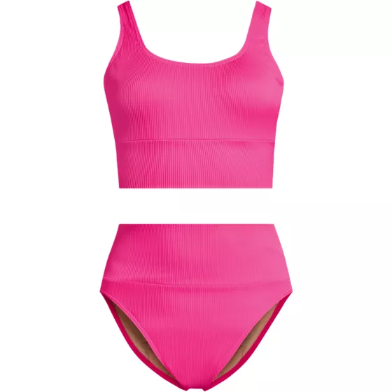 Women's Tugless Ribbed Midkini and High Waisted Bottom Swimsuit Set - primary