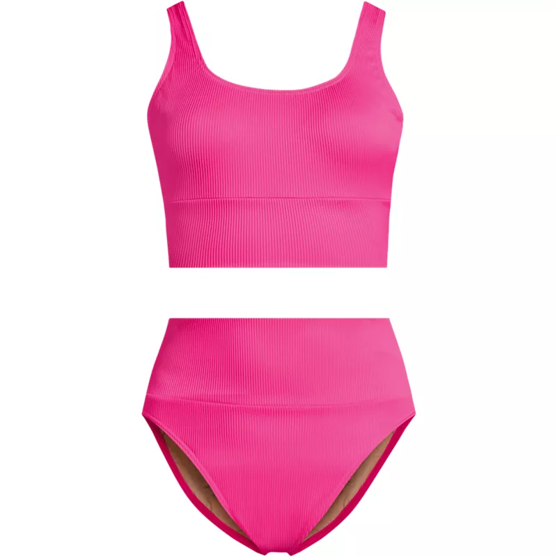Women's Tugless Ribbed Midkini and High Waisted Bottom Swimsuit Set, Front