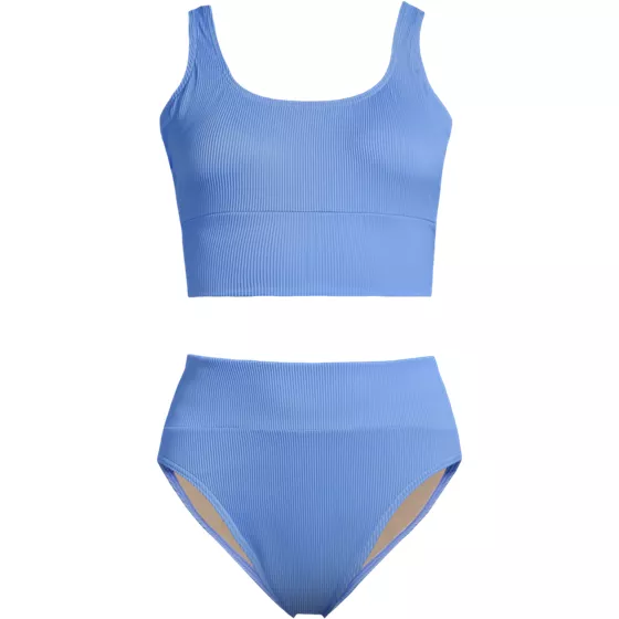 Women's Plus Size Tugless Ribbed Midkini and High Waisted Bottom Swimsuit Set - primary