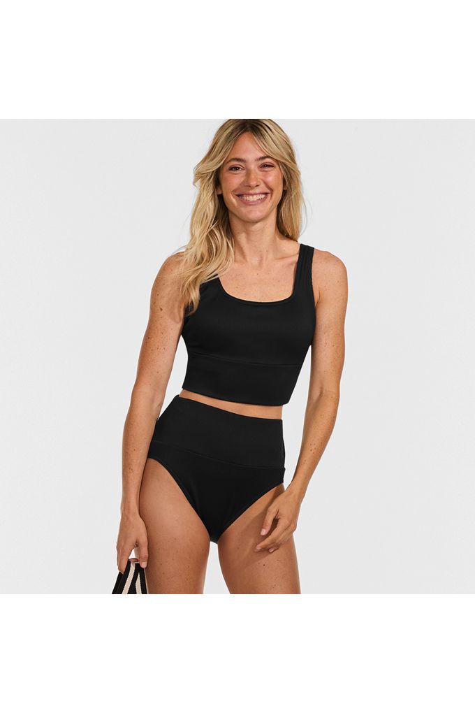 Women's Tugless Ribbed Midkini and High Waisted Bottom Swimsuit Set - Lands' End - Black - XXS