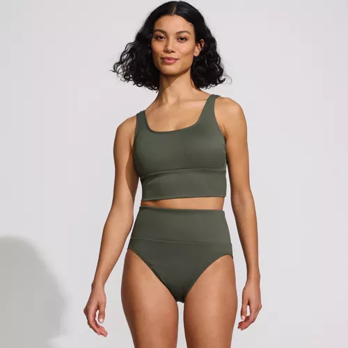 Women's Tugless Ribbed Midkini and High Waisted Bottom Swimsuit Set, Front