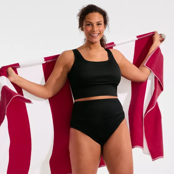 Women's Plus Size Tugless Ribbed Midkini and High Waisted Bottom Swimsuit Set - primary