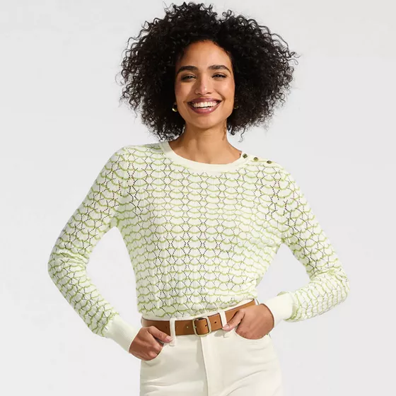Women's Cotton Viscose Button Shoulder Modern Crew Sweater - primary
