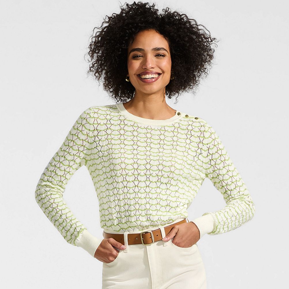 Women's Cotton Viscose Button Shoulder Modern Crew Sweater | Lands