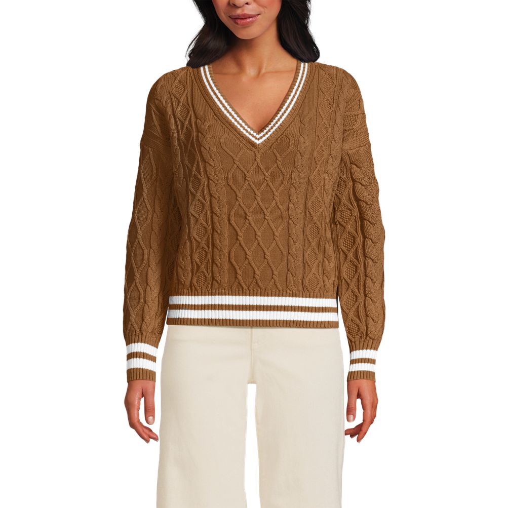 Women's Drifter Cable Vneck Sweater | Lands' End