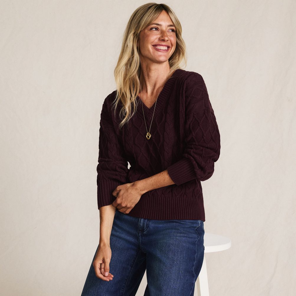 Women's Drifter Cable Vneck Sweater | Lands' End