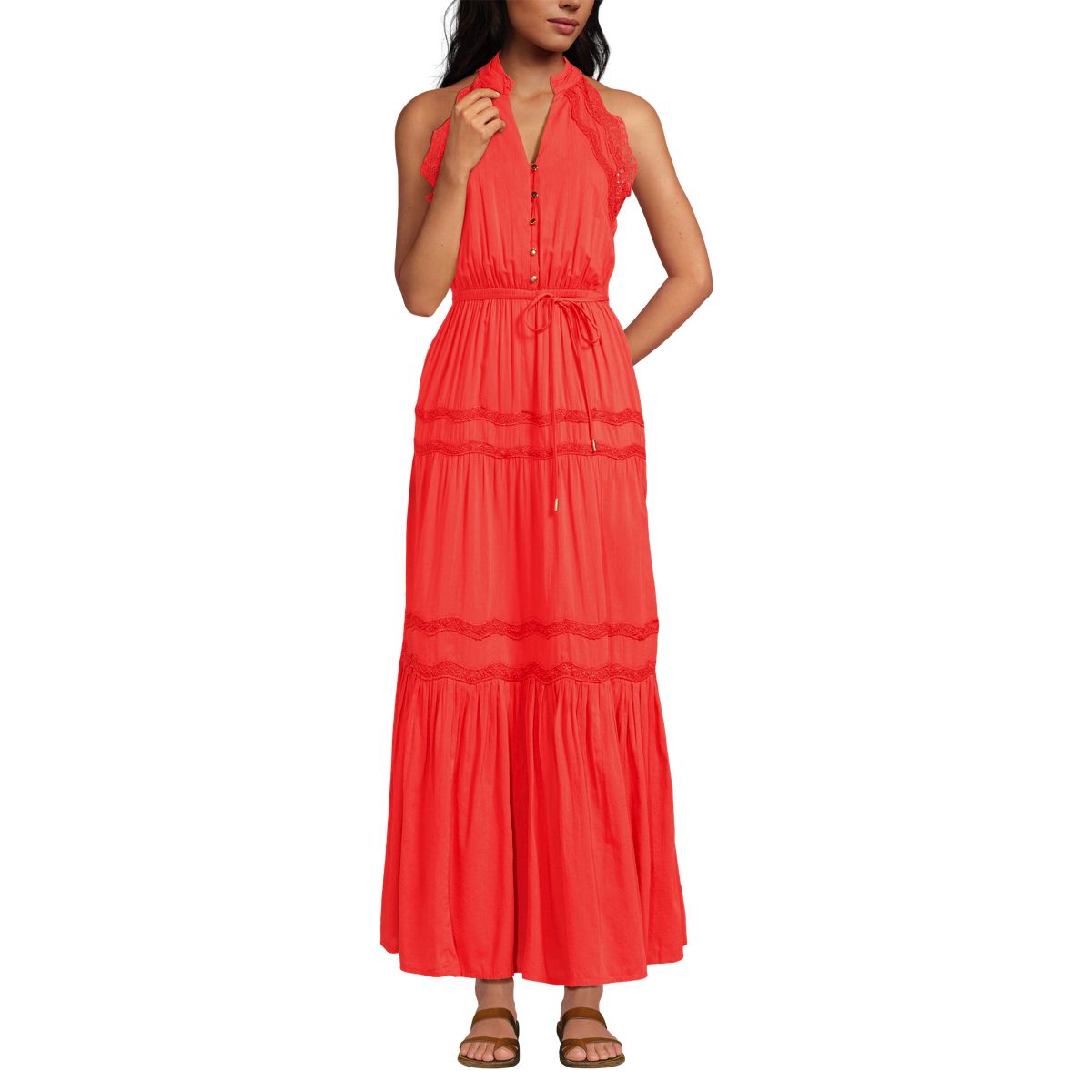 Women's Cotton Voile Halter Tiered Maxi Dress
