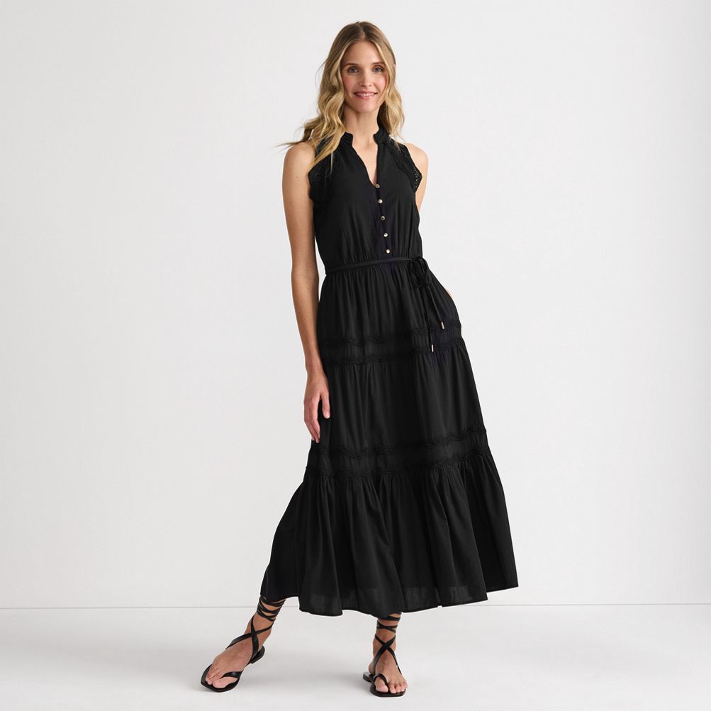 lands end halter dress Women's Cotton Voile Halter Tiered Maxi Dress