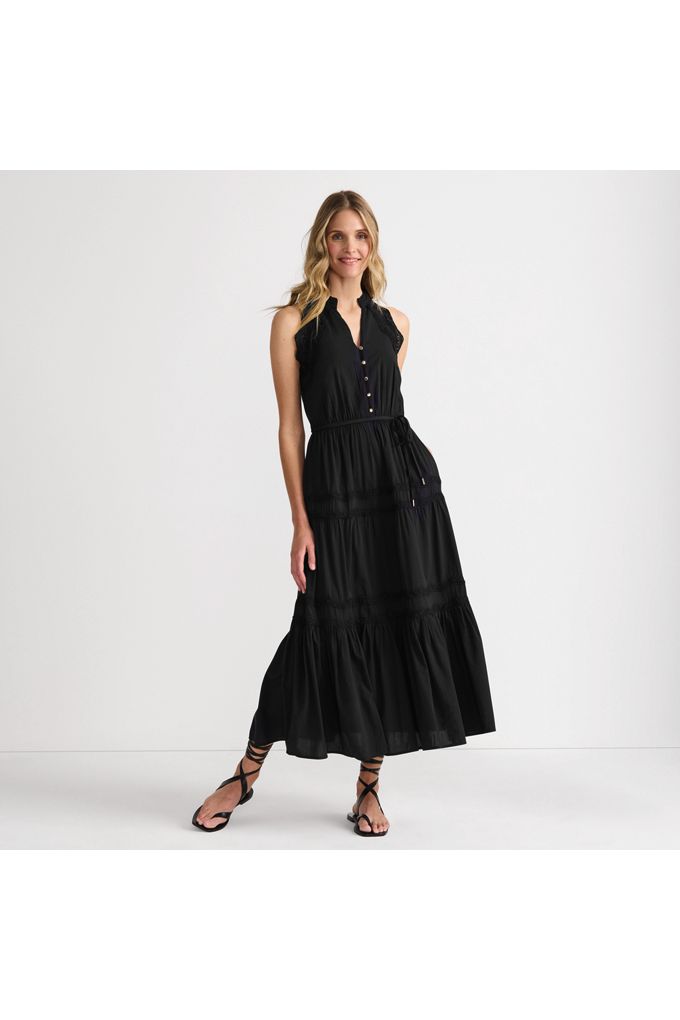 Women's Petite Cotton Voile Halter Tiered Maxi Dress - Lands' End - Black - XS