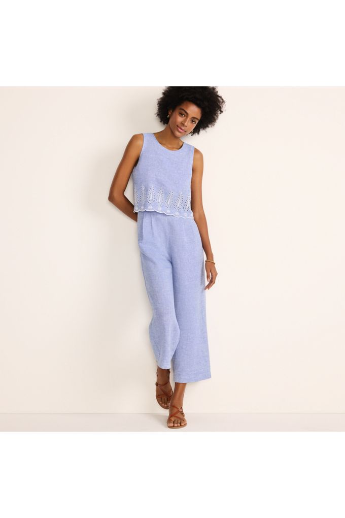 Lands' End Women's Linen Sleeveless Embroidered Jumpsuit In Purple