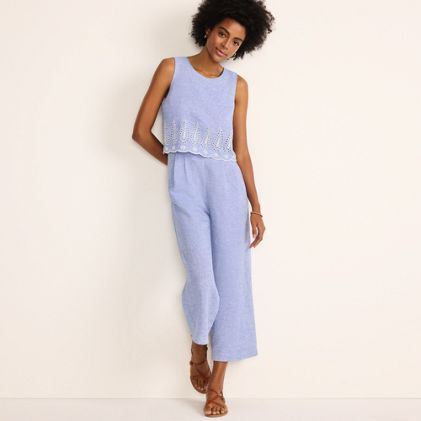 Women's Linen Sleeveless Embroidered Jumpsuit - primary