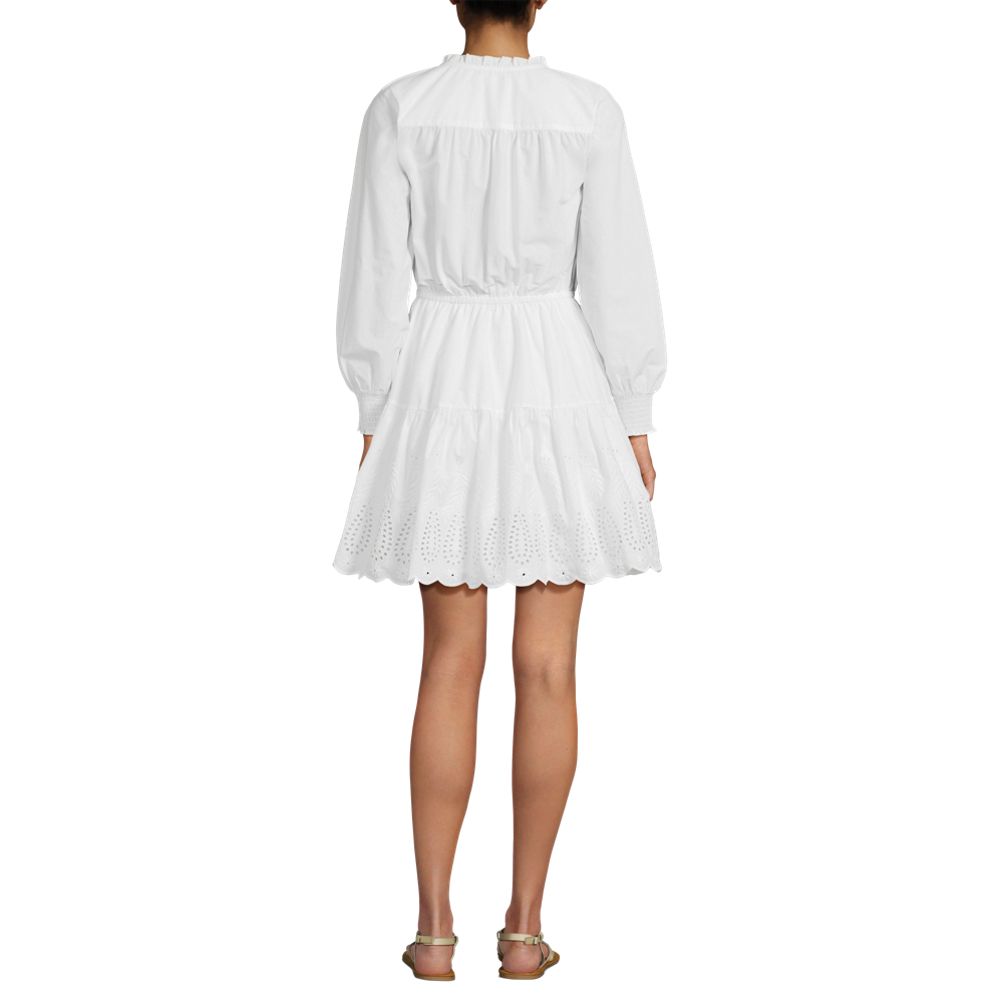 tiered popover dress in embroidered eyelet Mirth Lanai Popover Dress in Golden Eyelet, X-Small – Boxy V-Neck Cotton Dress with Collar & Side Slit Buttons