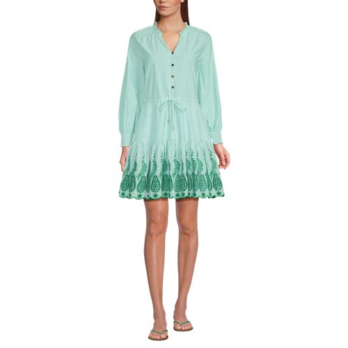 Women's Long Sleeve Eyelet Mini Popover Dress, Front