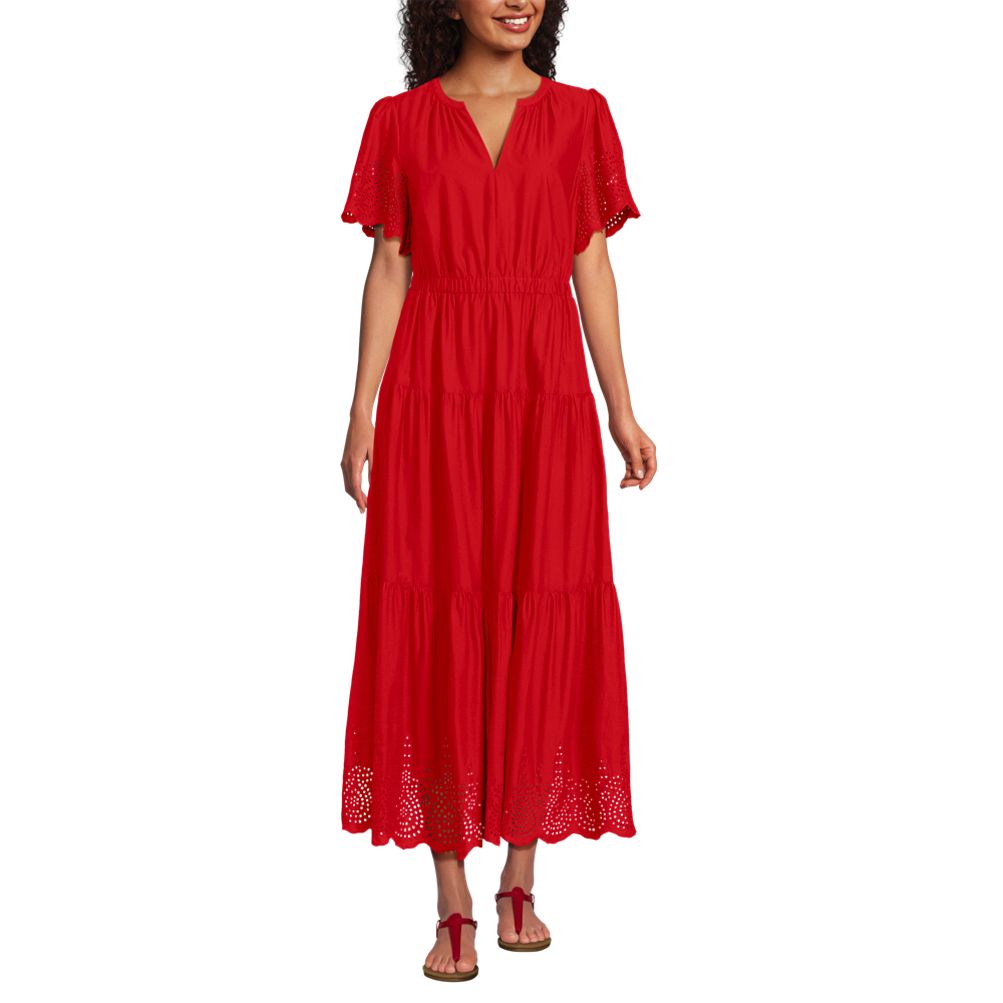 Women's Tiered Cotton Poplin Eyelet Maxi Dress | Lands' End