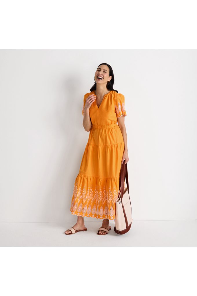 Lands' End Women's Tiered Cotton Poplin Eyelet Maxi Dress In Orange