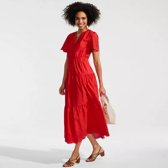 Women's Tiered Cotton Poplin Eyelet Maxi Dress - primary
