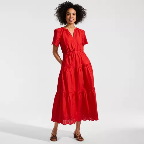 lands' end ladies' tiered midi dress Women's Cotton Poplin Eyelet Maxi - - Red #retail changes
