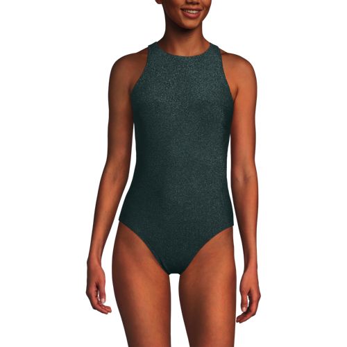 Women's Tugless Shine High Neck Portrait Back One Piece Swimsuit, Front
