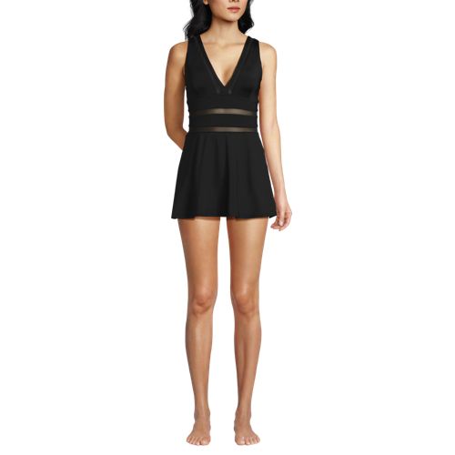 Women's Mesh V-neck Mini Swim Dress Swimsuit, Front