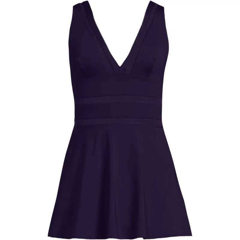 Women's Mesh V-neck Mini Swim Dress Swimsuit, Front