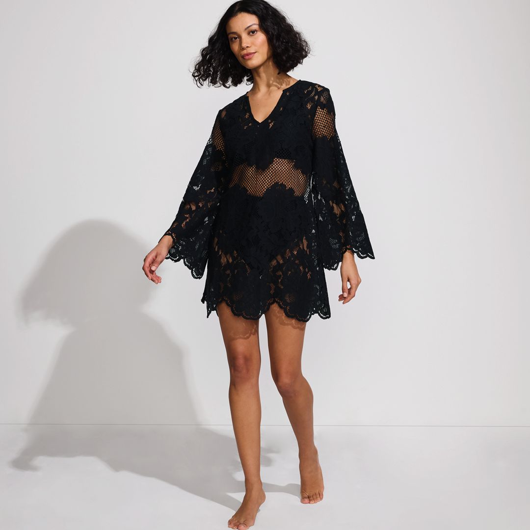 Women's Long Sleeve Lace Mini Swim Cover-Up Dress