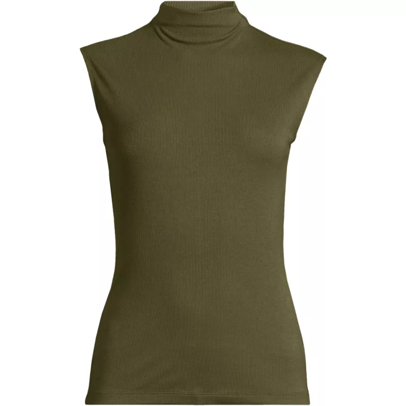 Women's Cap Sleeve Drapey Rib Fitted Funnel Neck Tank, Front