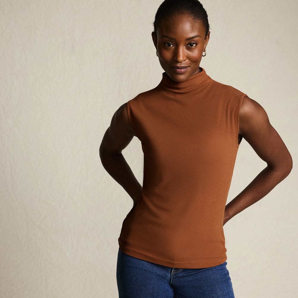 Women's Cap Sleeve Drapey Rib Fitted Funnel Neck Tank | Lands' End