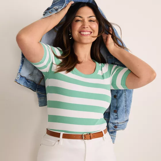 Women's Drapey Rib Fitted Elbow Sleeve Scoop Neck Tee - primary