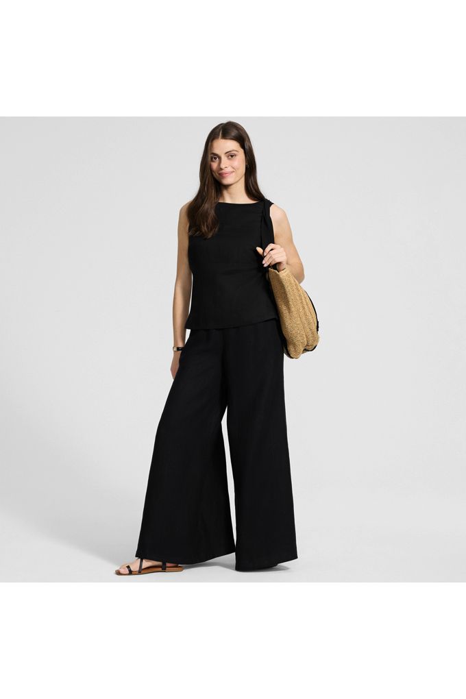 Lands' End Women's Tall Linen High Rise Palazzo Pants - Set Bottom In Black