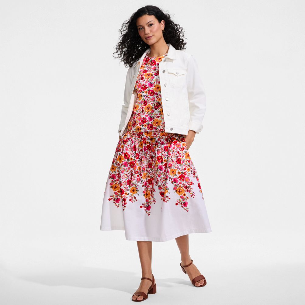 Women's Poplin Drop Waist Midi Skirt - Set Bottom | Lands' End