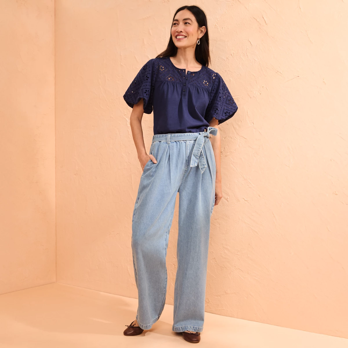 Women's Tall High Ridge Twill Pull On Pleated Wide Leg Pants — Hutton Blue Wash by Lands' End