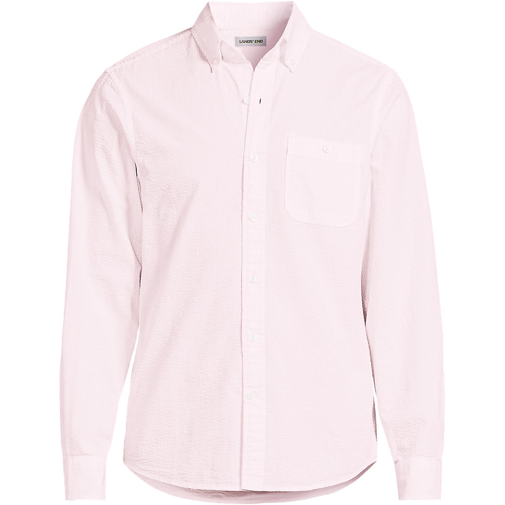 Long Sleeve Seersucker Shirt, Men, size: M, regular, Pink, Cotton, by Lands' End