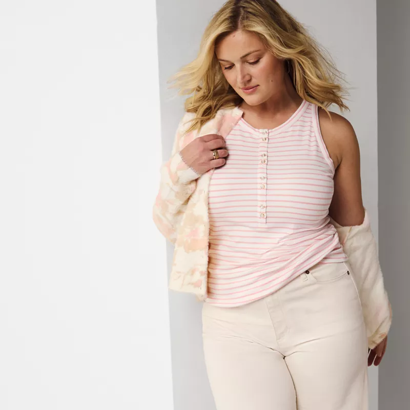 Women's Drapey Rib Fitted Henley Tank Top, alternative image