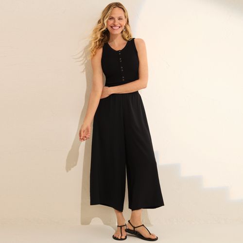High Neck Drapey Rib Henley Vest Top, Women, size: M, regular, Black, Spandex/Rayon/Viscose, by Lands' End