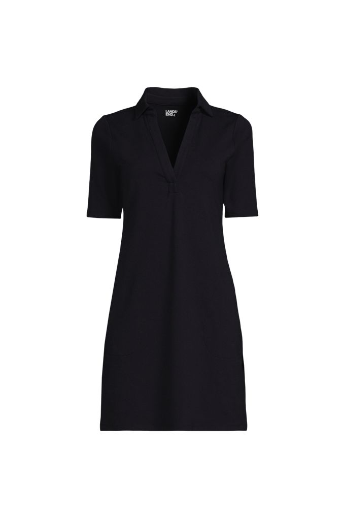 Lands' End Women's Plus Size Starfish Elbow Sleeve Polo Dress In Black