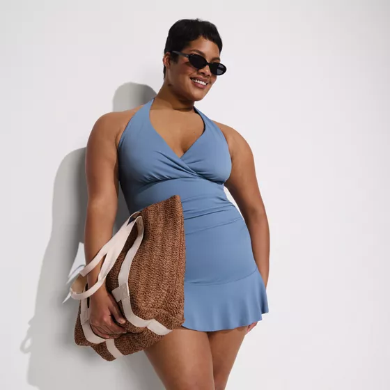 Women's Pique Halter Ruffle Hem Mini Swim Dress Swimsuit - primary