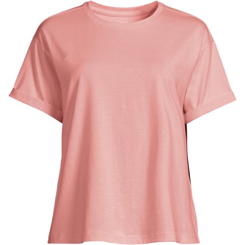 Short Sleeve Supima Roll Cuff Crew Neck T-Shirt, Women, size: L, regular, Pink, Cotton, by Lands' End