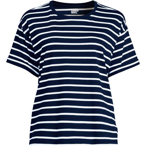 Short Sleeve Supima Roll Cuff Crew Neck T-Shirt, Women, size: L, regular, Blue, Cotton, by Lands' End