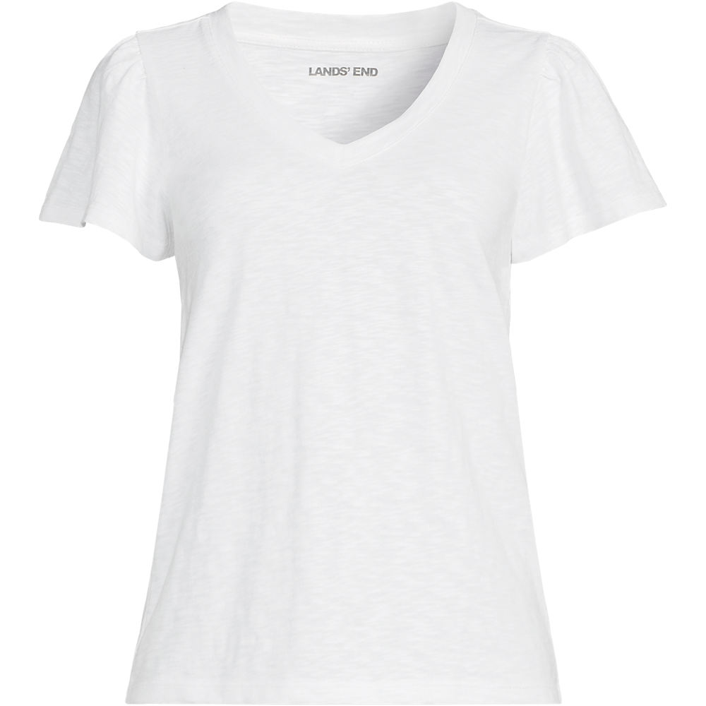Flutter Sleeve Slub V-neck Top, Women, size: 3XL, plus, White, Cotton, by Lands' End