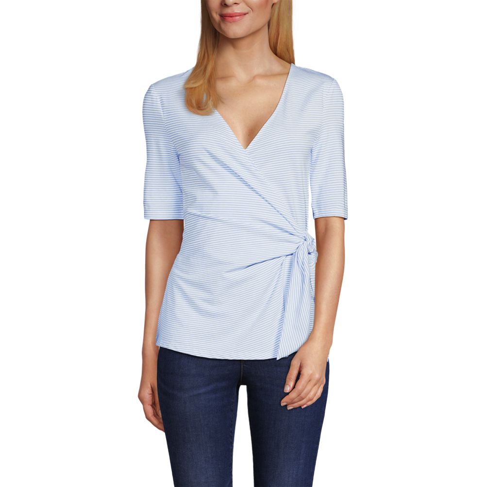 売れ筋商品|||ランズエンド カットソー トップス レディース Women's Elbow Sleeve Lightweight Jersey Side Tie Blouse Berry rouge tiny stripe Women's Elbow Sleeve Lightweight Jersey Side Tie Blouse