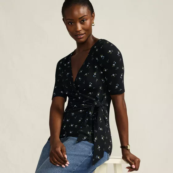 Women's Elbow Sleeve Lightweight Jersey Side Tie Blouse - primary