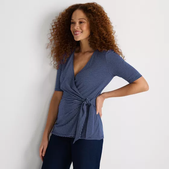 Women's Elbow Sleeve Lightweight Jersey Side Tie Blouse - primary