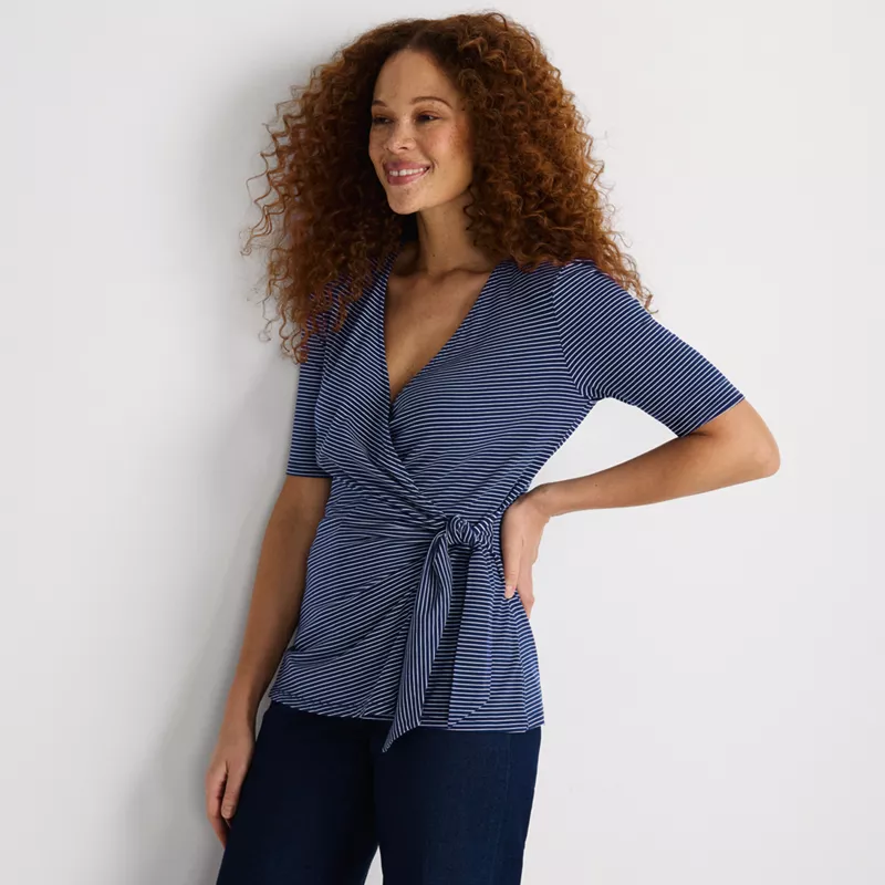Women's Petite Elbow Sleeve Lightweight Jersey Side Tie Blouse, alternative image