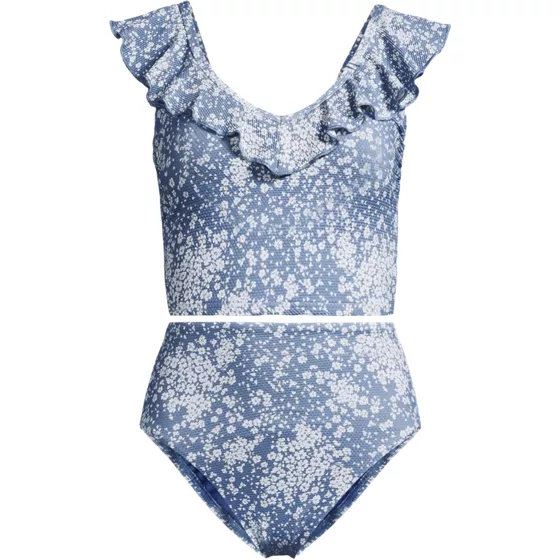 Women's Pique Ruffle Midkini Top and High Waisted Bottom Swimsuit Set - primary