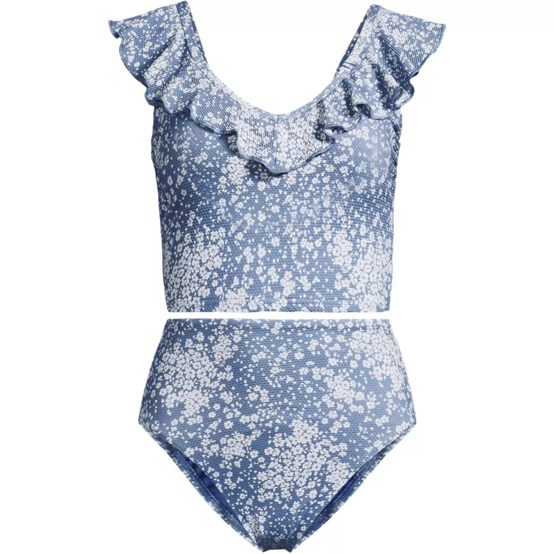 Women's Pique Ruffle Midkini Top and High Waisted Bottom Swimsuit Set, Front