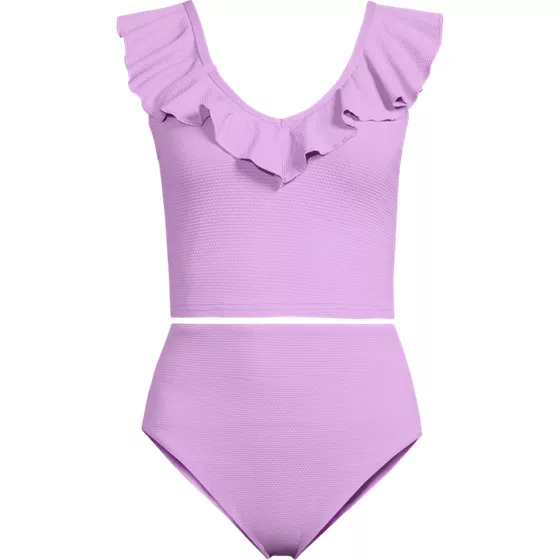 Women's Pique Ruffle Midkini Top and High Waisted Bottom Swimsuit Set - primary