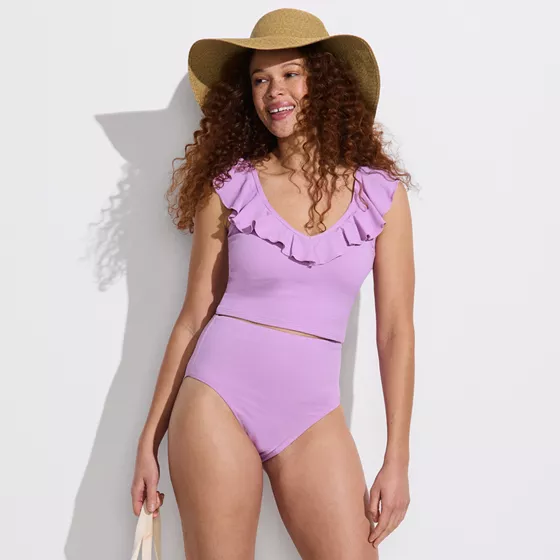 Women's Pique Ruffle Midkini Top and High Waisted Bottom Swimsuit Set - primary