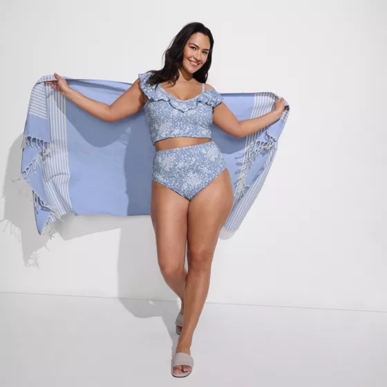 Women's Pique Ruffle Midkini Top and High Waisted Bottom Swimsuit Set - primary