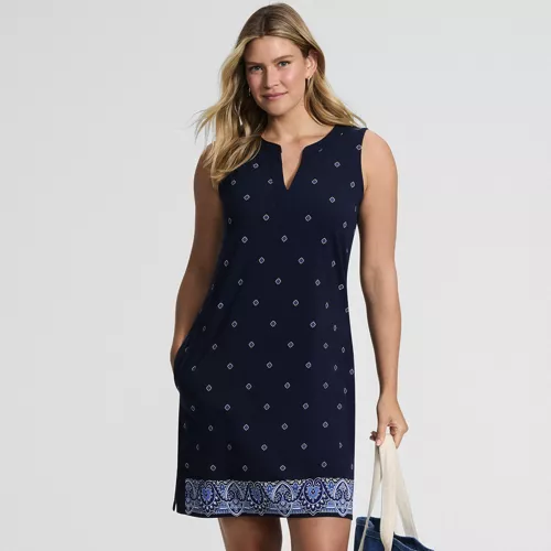 lands end cotton jersey notch neck dress Women's Velvet Sequin